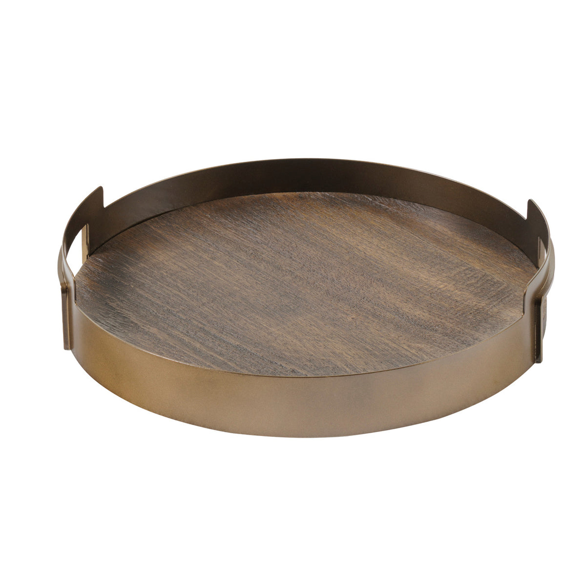 Single tray viewed at an angle, with a broad wood base, raised smoked gold surround and handles at either side.