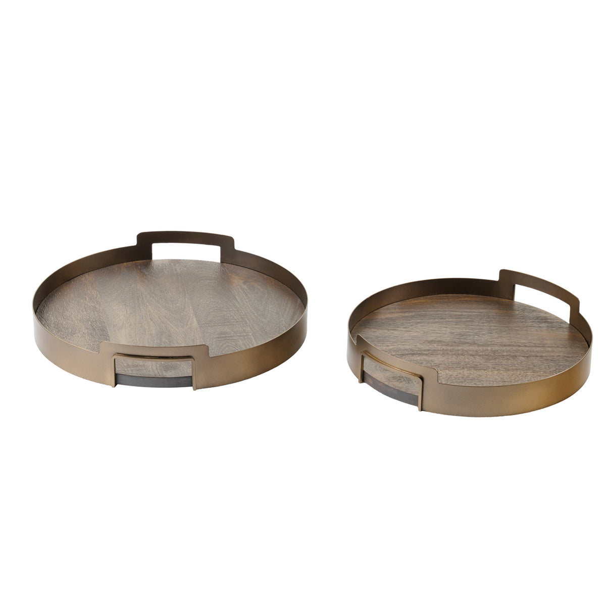 Two trays side by side, showing grained wood bases, smoked gold rims and opposing rectangular handle openings.