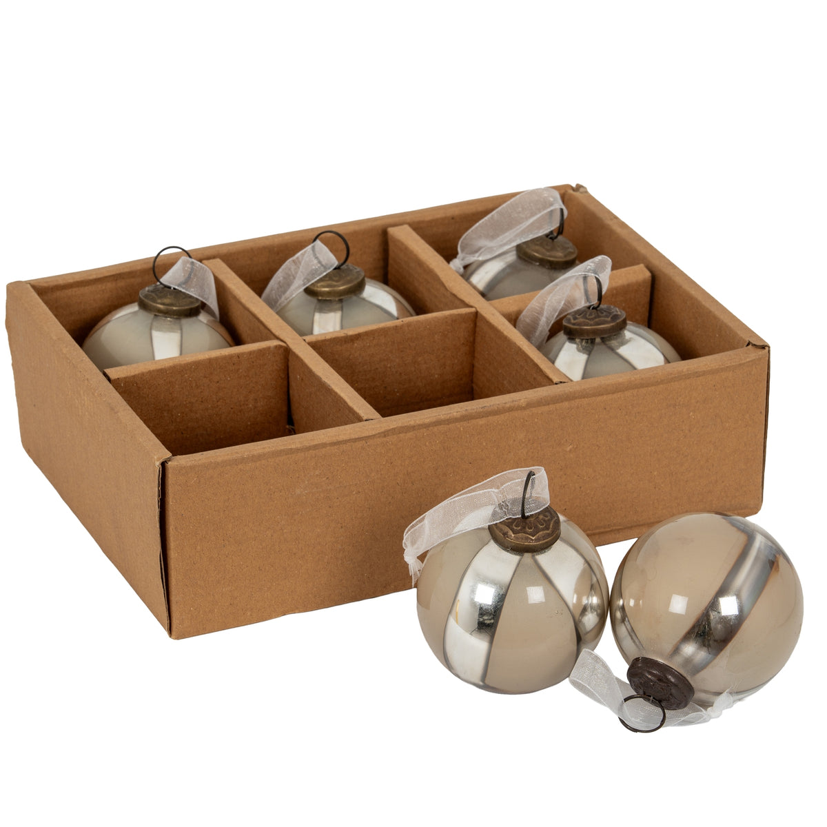 Smoky taupe and silver striped baubles shown in a divided brown tray, with two ornaments positioned in front.