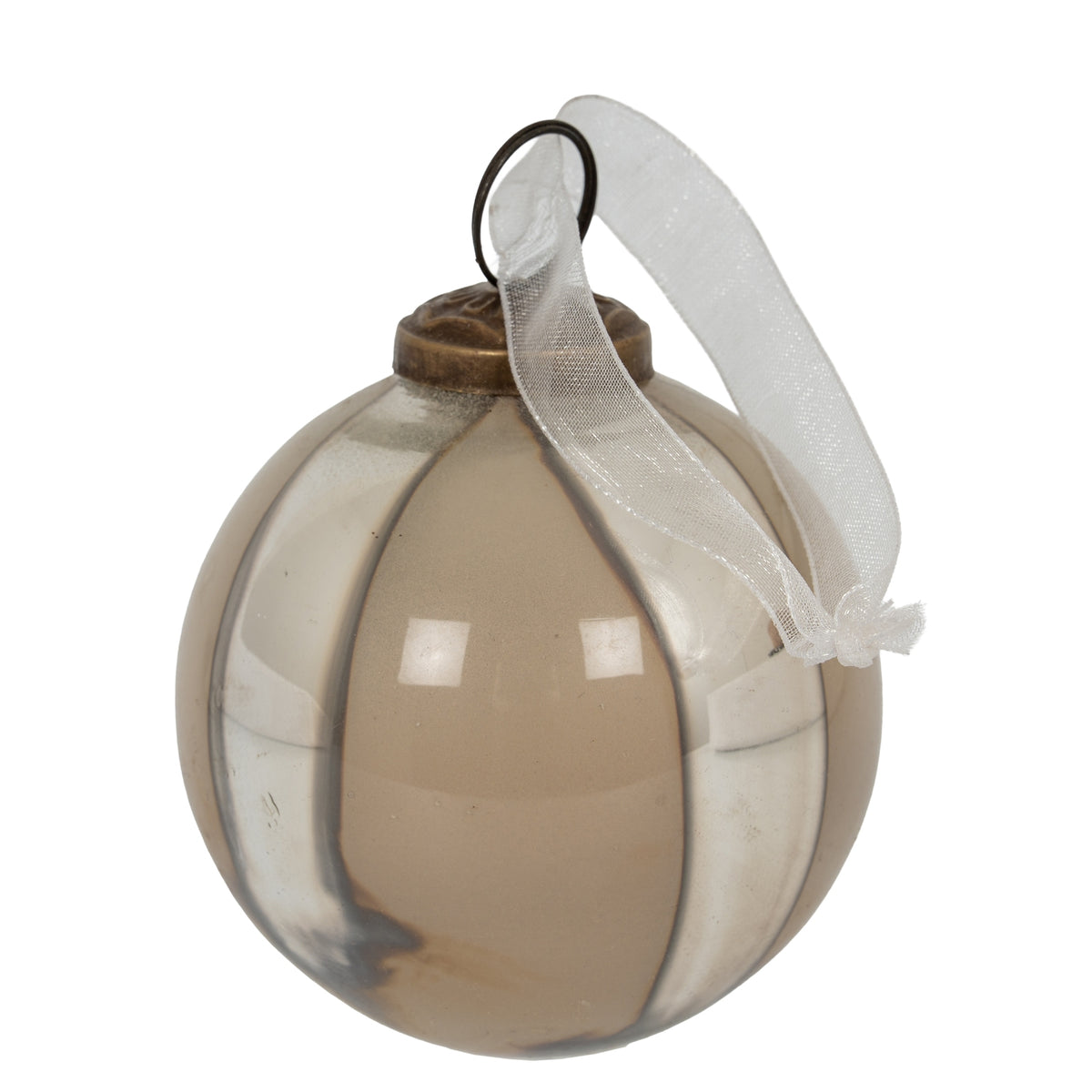 Close view of a round bauble with translucent taupe panels, reflective silver ribs, a bronze-toned cap and white sheer ribbon.