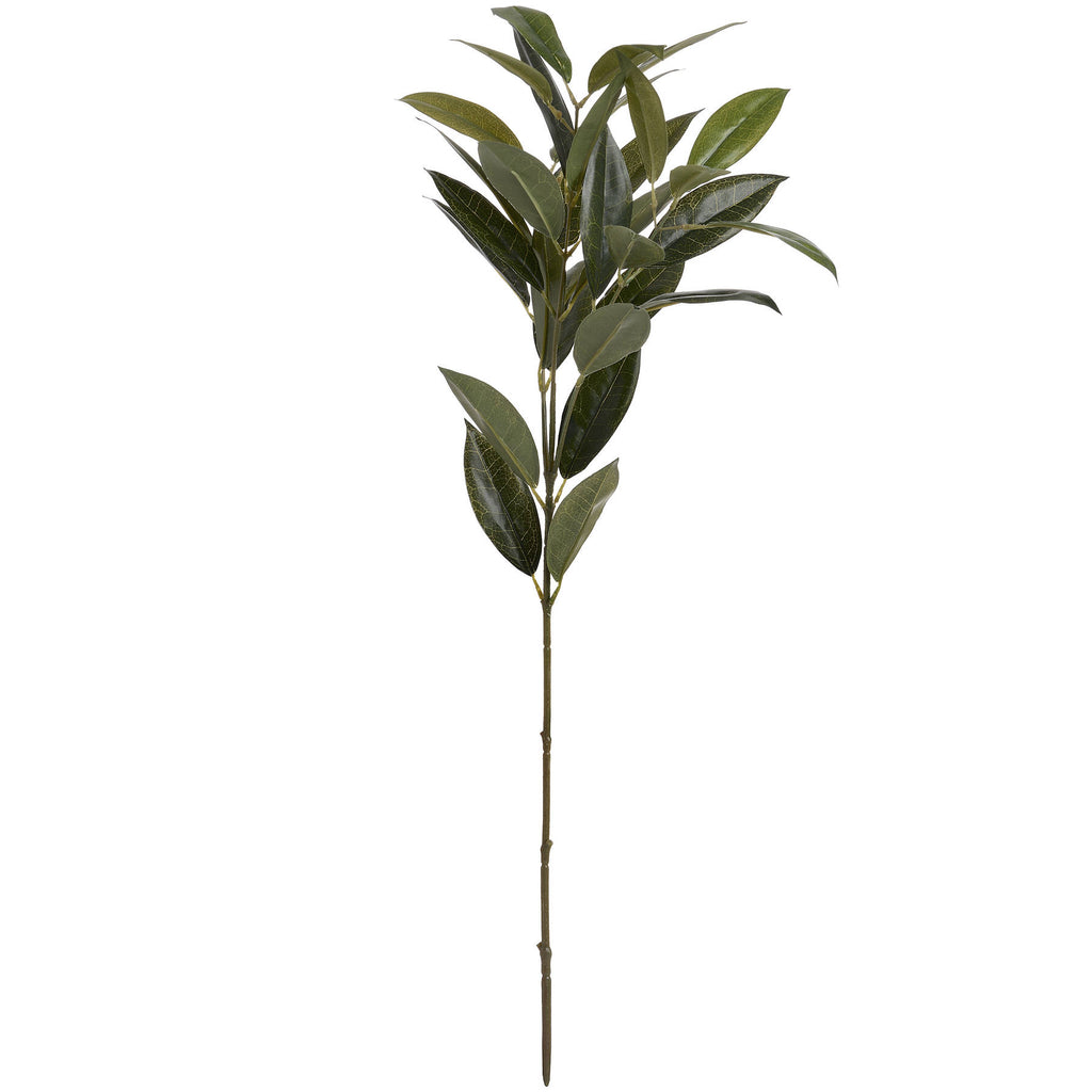 Full view of the Smooth Bay artificial spray with a bare brown-green lower stem and branching clusters of pointed green leaves against white.