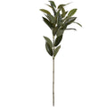 Full view of the Smooth Bay artificial spray with a bare brown-green lower stem and branching clusters of pointed green leaves against white.