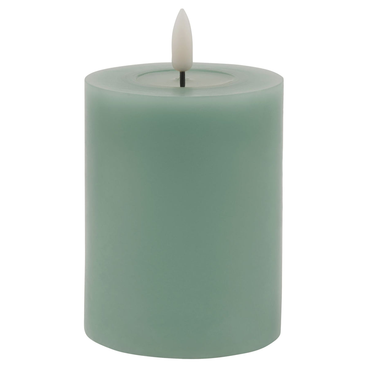 Muted green LED pillar candle with smooth cylindrical sides, a recessed top and a pale flame-shaped insert against a white background.