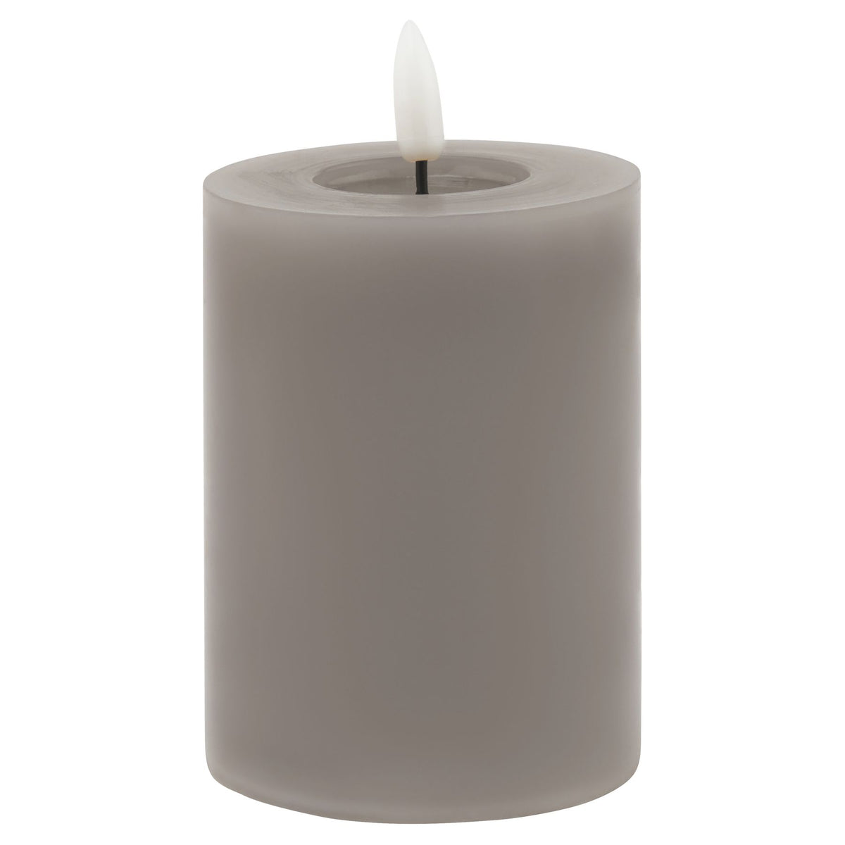 Grey cylindrical LED pillar candle with smooth sides, a recessed top and a white flame insert against a white background.