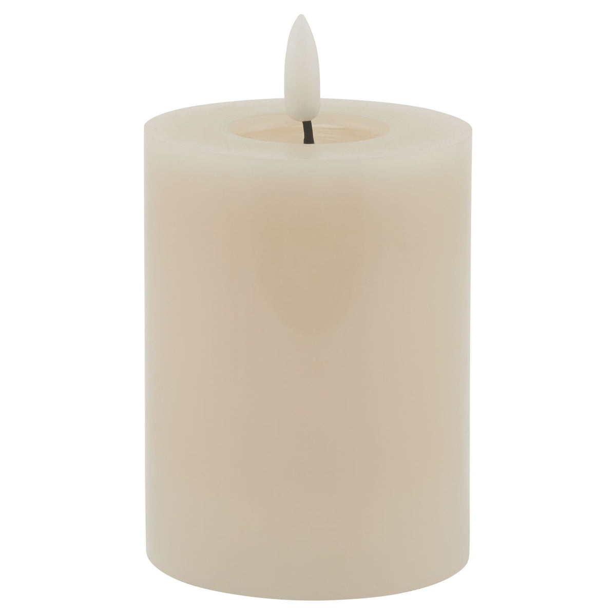 Pale cylindrical LED candle with smooth sides, a recessed top and an upright white flame-shaped insert against a white background.