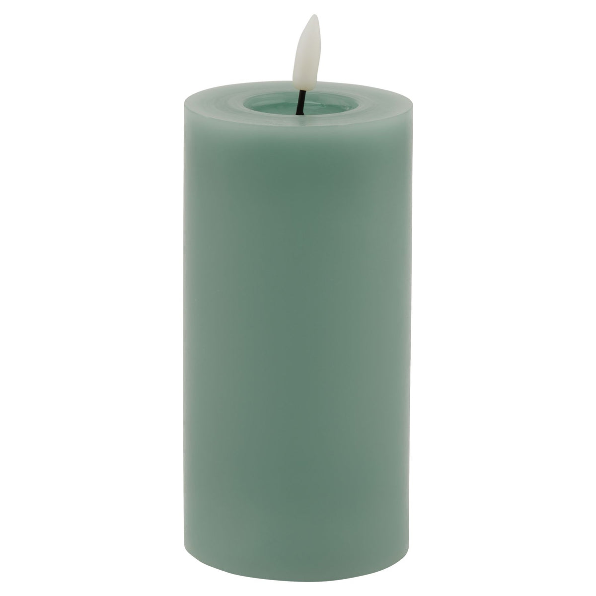 Full view of a muted green LED pillar candle with smooth sides, a recessed top and a pale flame-shaped insert.