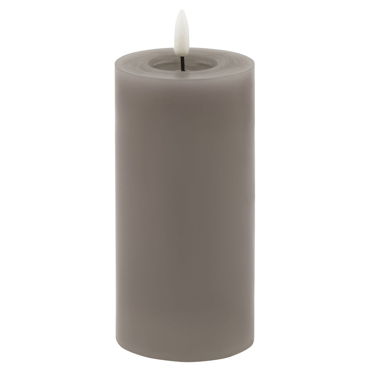 Grey cylindrical LED pillar candle with smooth sides, a recessed circular top and a white flame-shaped insert.
