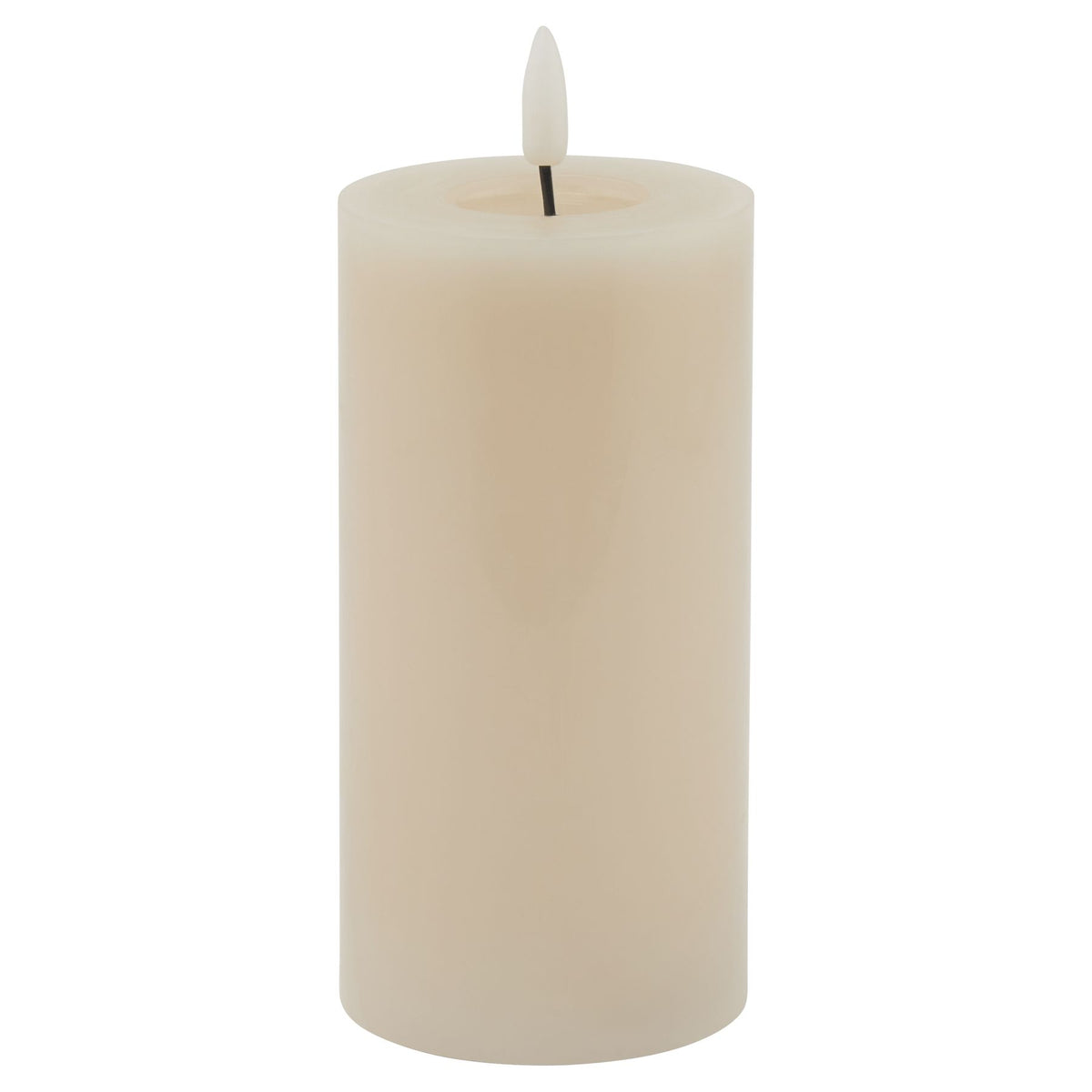 Pale LED pillar candle with smooth sides, a recessed circular top and a white flame-shaped insert on a dark stem.