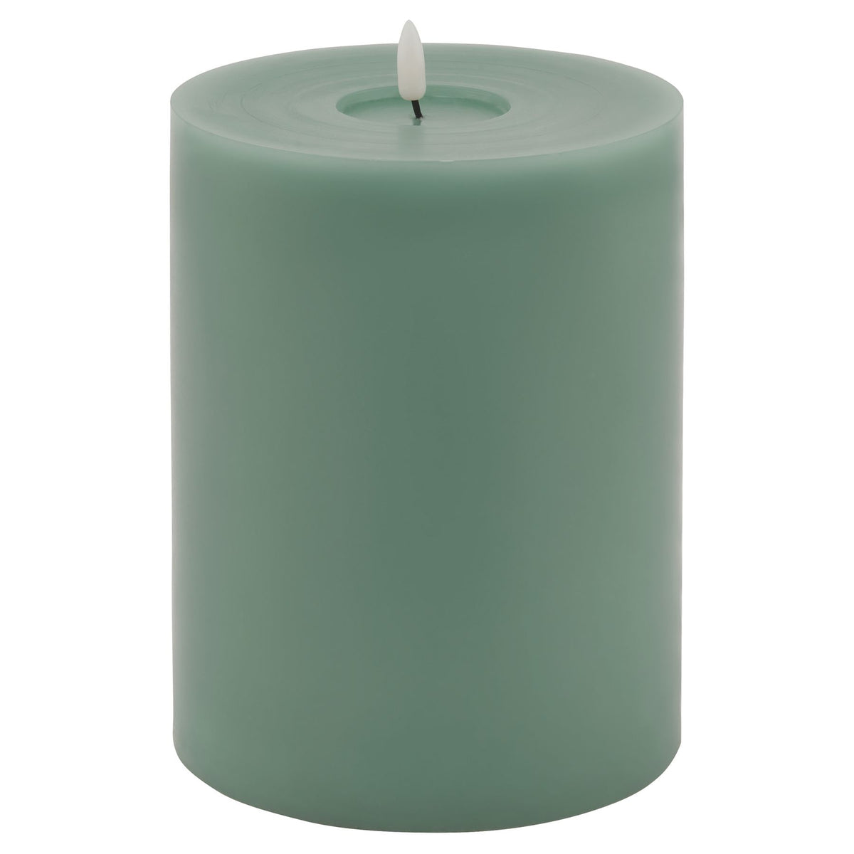 Green pillar candle with smooth cylindrical sides, a recessed circular top and white flame insert against a white background.