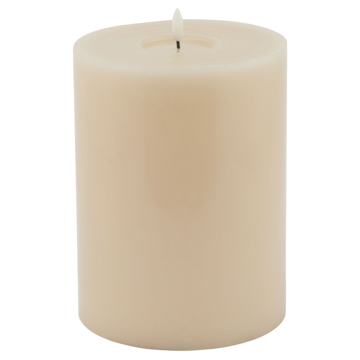 Pale cylindrical LED candle with smooth sides and a flame-shaped insert above its recessed top.