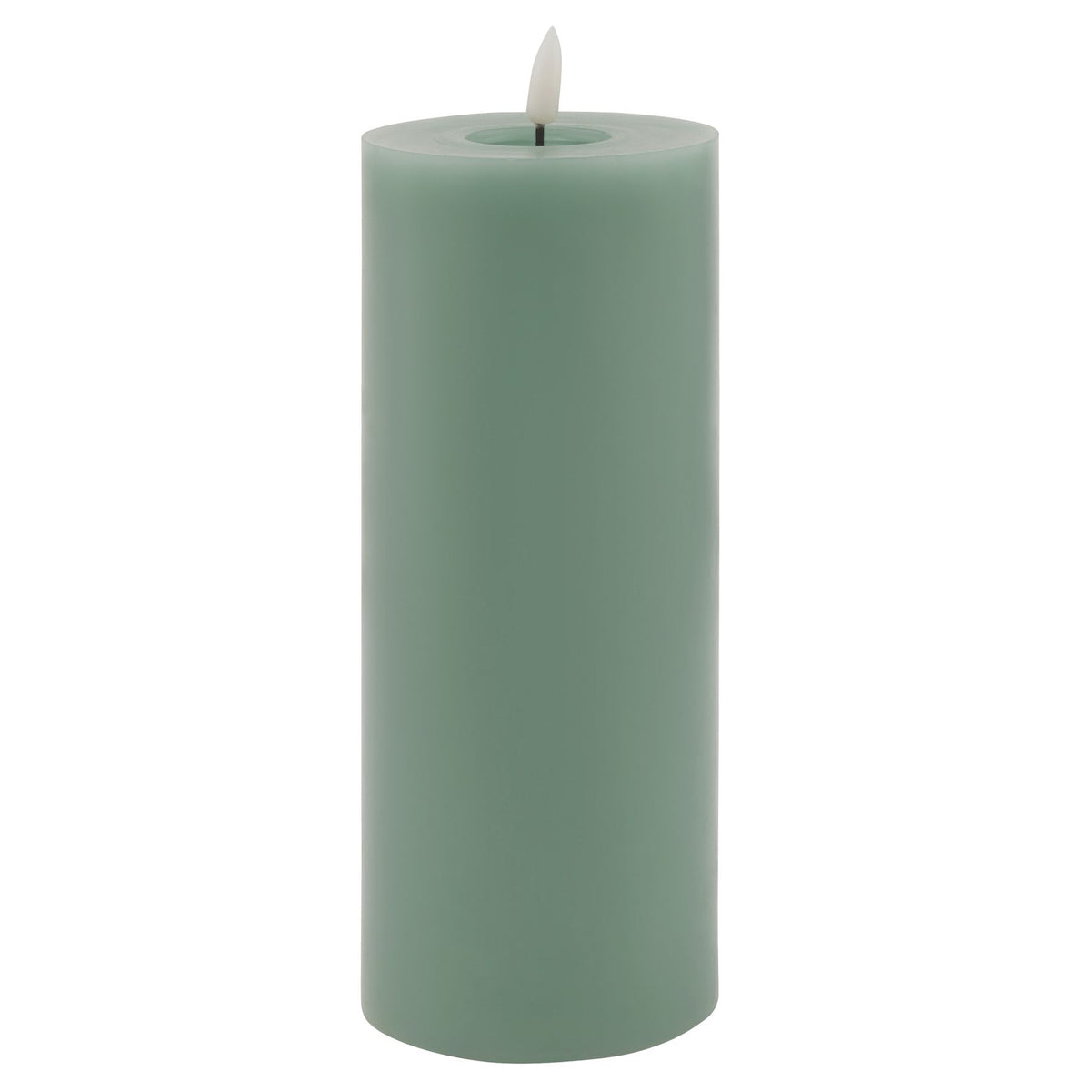 Full view of a sage-green cylindrical LED pillar candle with a recessed top and pale flame-shaped element against white.