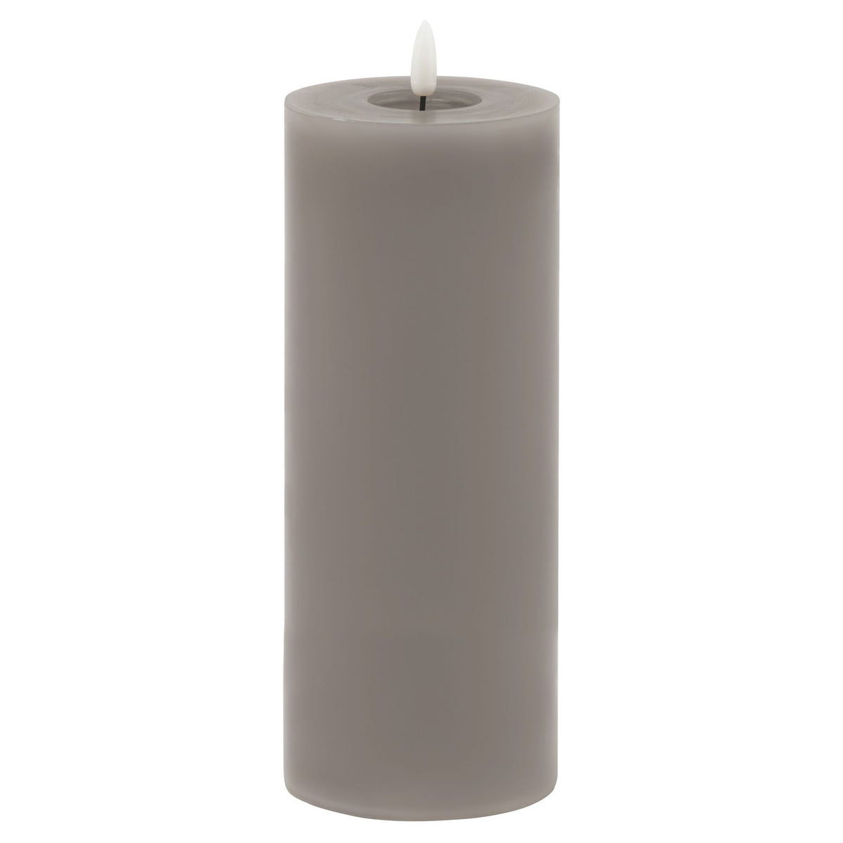 Full view of a tall grey LED pillar candle with smooth straight sides and a white flame-shaped insert above a recessed top.