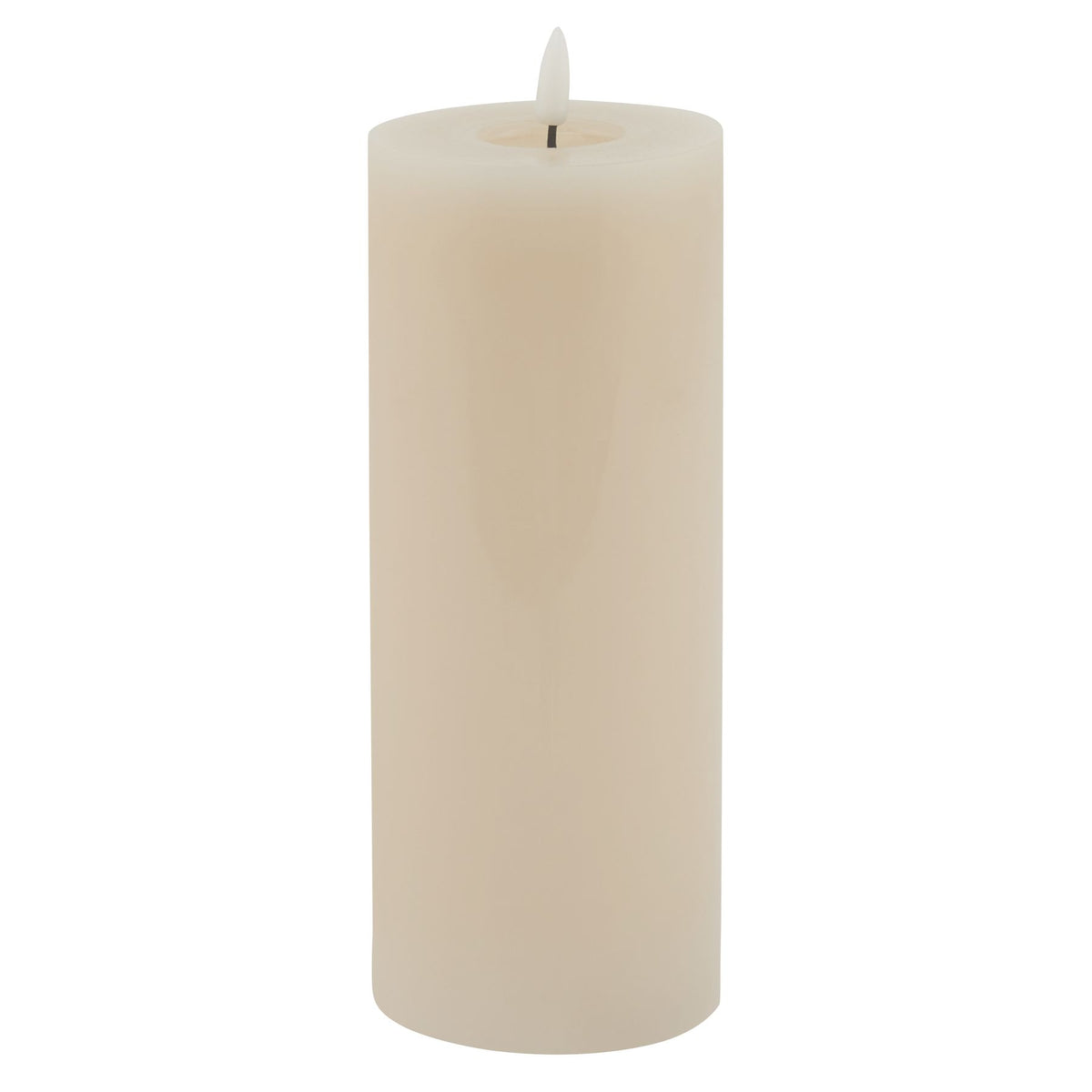 Tall pale cylindrical LED candle with smooth sides and a flame-shaped insert above its recessed top.