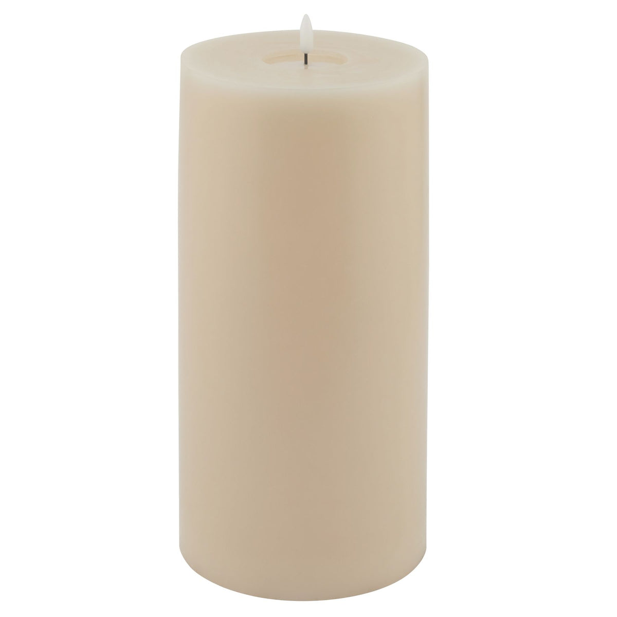Pale cylindrical LED pillar candle with smooth sides and a white flame-shaped insert above its recessed top.