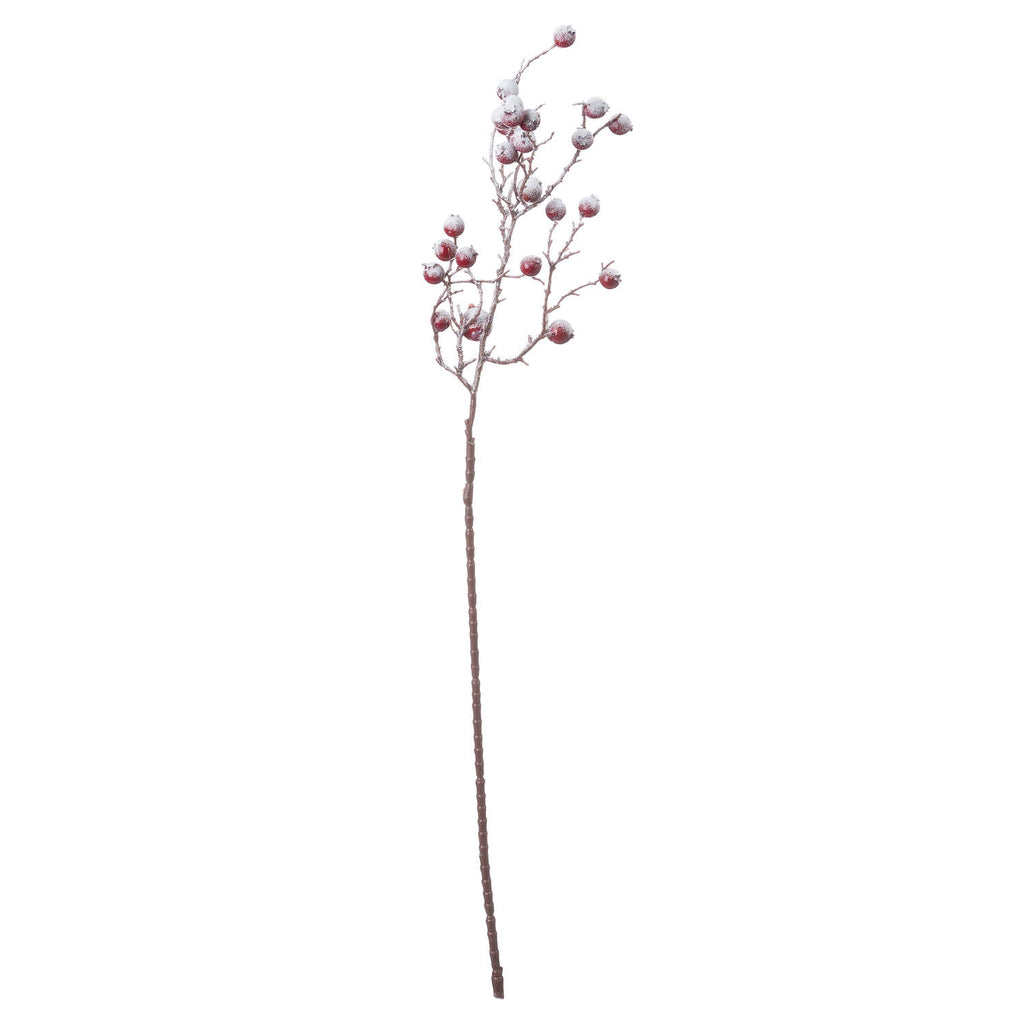 Full view of the Snowberry Crown artificial branch with a long brown stem and red berries dusted white against a white background.
