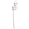 Full view of the Snowberry Crown artificial branch with a long brown stem and red berries dusted white against a white background.
