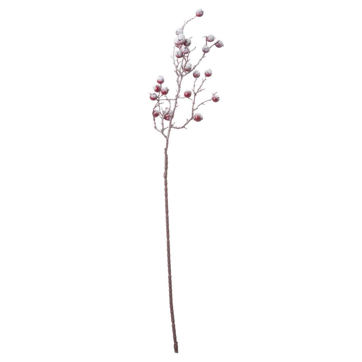 Full view of the Snowberry Crown artificial branch with a long brown stem and red berries dusted white against a white background.