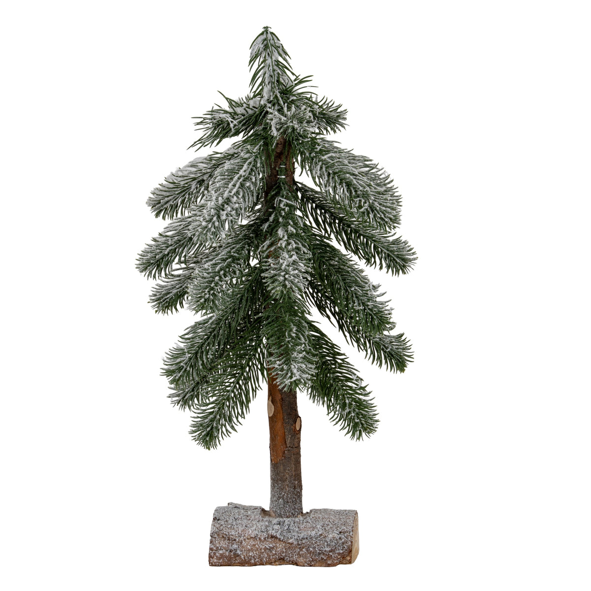 Full view of a narrow snow-effect decorative tree with drooping green branches, an exposed brown trunk and a white-dusted half-log-style base.