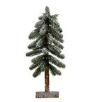 Full view of a narrow decorative pine tree with snowy green branches, an exposed brown trunk and a low rectangular half-log-style base.