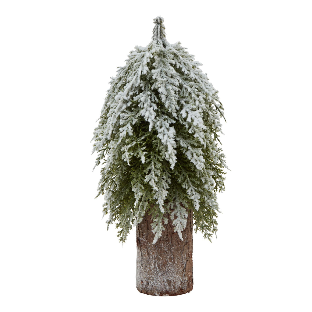 Snowcoat Logrise Tree Decoration with a tapered snowy green canopy and tall brown log-style base against white.
