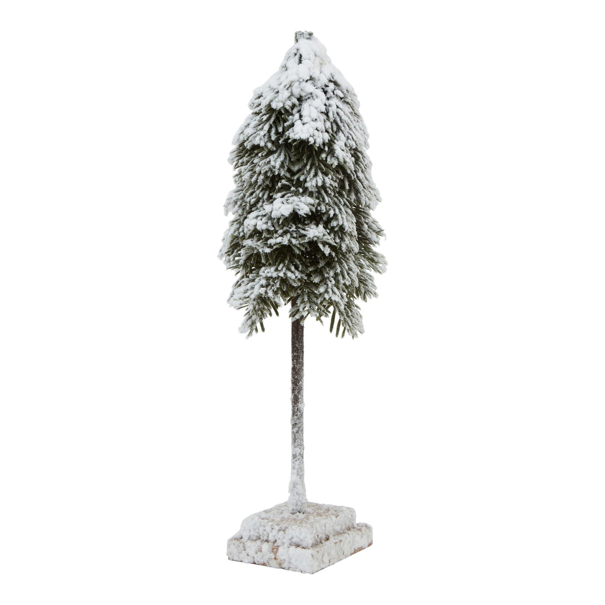Snow-effect decorative tree with a narrow green canopy, slender exposed trunk and stepped square base against a white background.