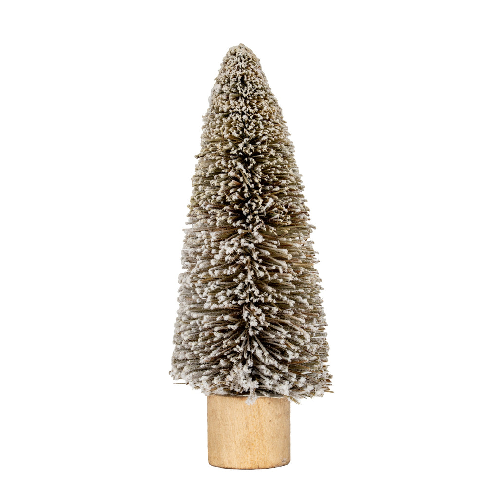 Full view of a narrow brown brush tree with off-white flocking and a tall tan cylindrical base against a white background.