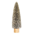 Full view of a tall brown brush-tree cone with off-white flocking and a tan cylindrical base against a white background.