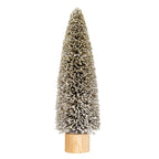 Full view of a tall brown brush-tree cone with off-white flocking and a tan cylindrical base against a white background.