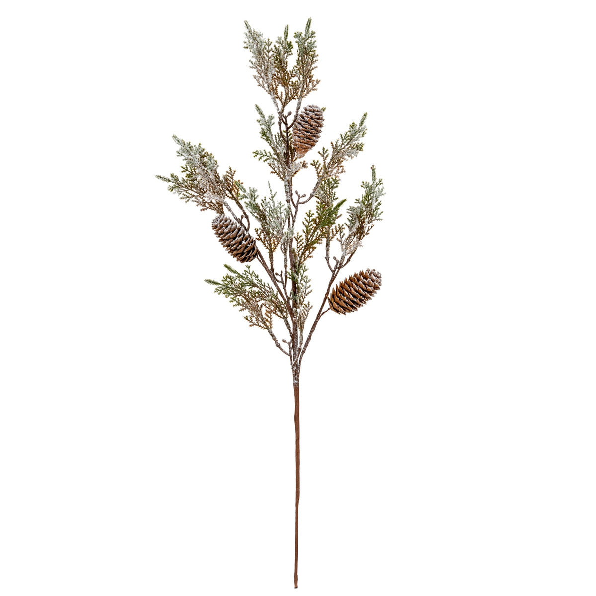 Artificial botanical spray on a white background, with a slender brown stem, fine snow-dusted green and brown foliage and three elongated pinecones at different heights.