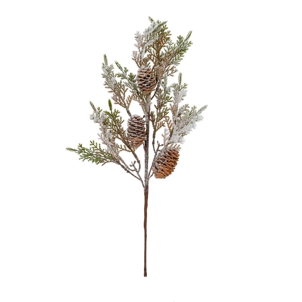 Artificial botanical spray on a white background, with a long bare brown stalk, snow-dusted green and brown foliage and three elongated pinecones at different heights.