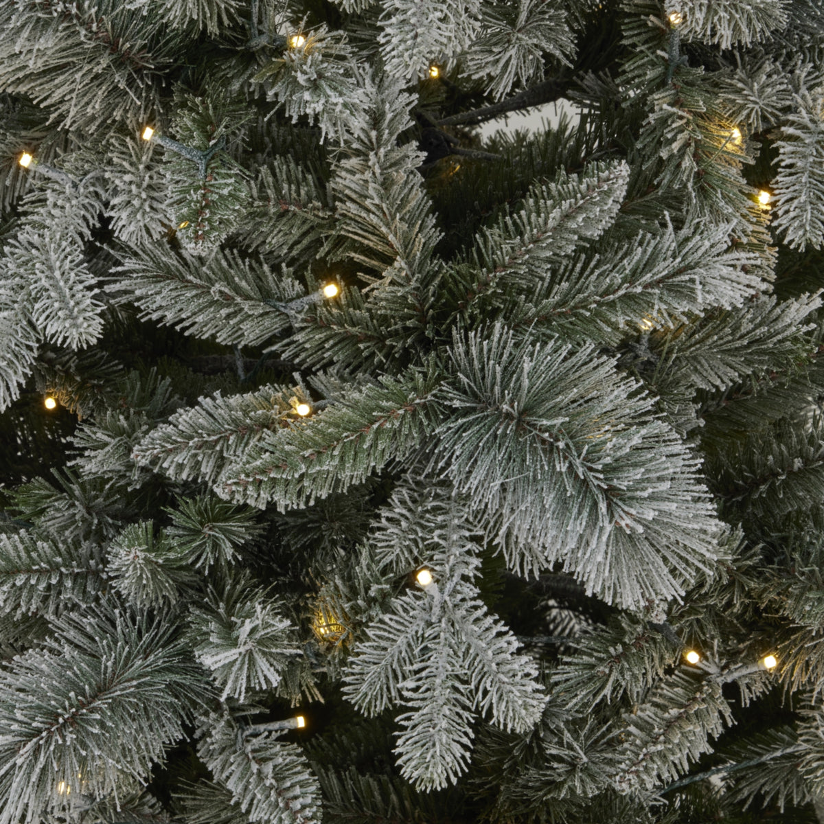 Close-up of white-dusted green artificial tree branches with small golden points of light among the needle-like foliage.