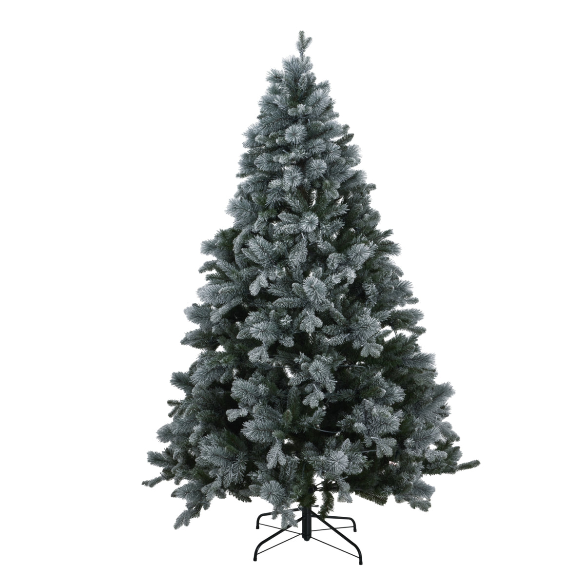 Full view of a conical artificial Christmas tree with dense snow-dusted green branches and a dark four-foot curved stand against white.