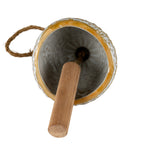 Underside view of the hanging bell showing the cream interior, ochre-brown rim, tan cord and light-brown wood-look clapper.