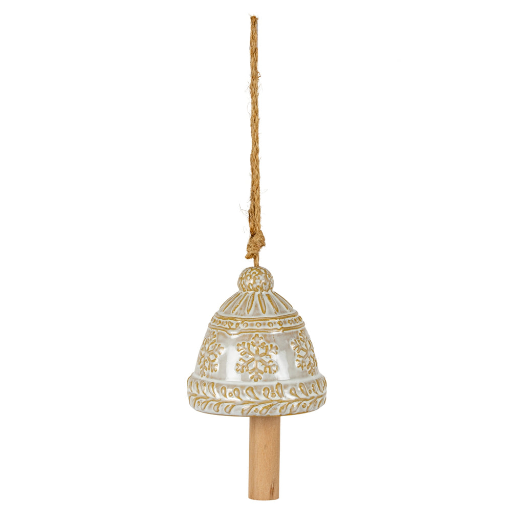 Cream and ochre-brown hanging bell with raised snowflakes, leaf-patterned bands, a long tan cord and a cylindrical wood-look clapper.