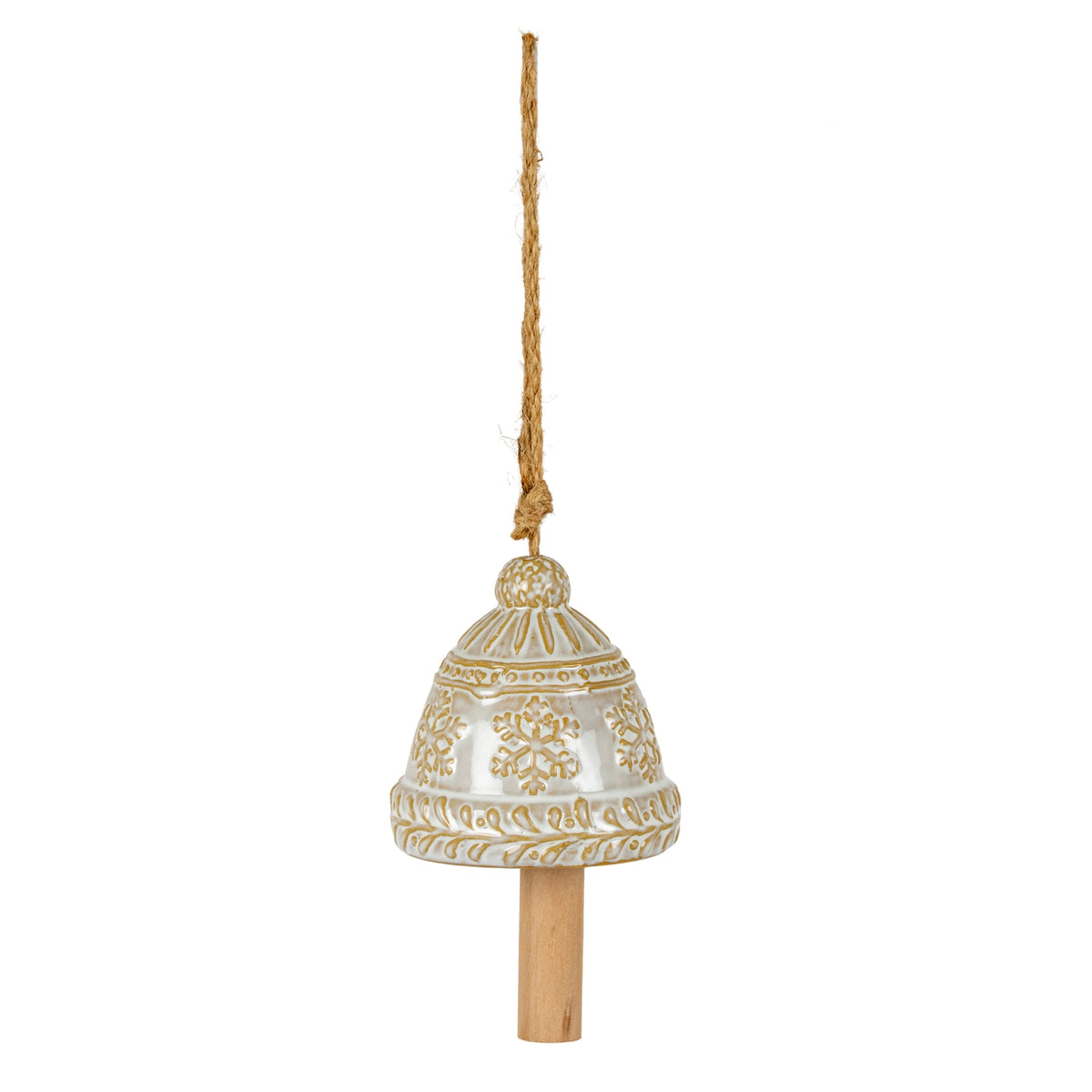 Cream and ochre-brown hanging bell with raised snowflakes, leaf-patterned bands, a long tan cord and a cylindrical wood-look clapper.
