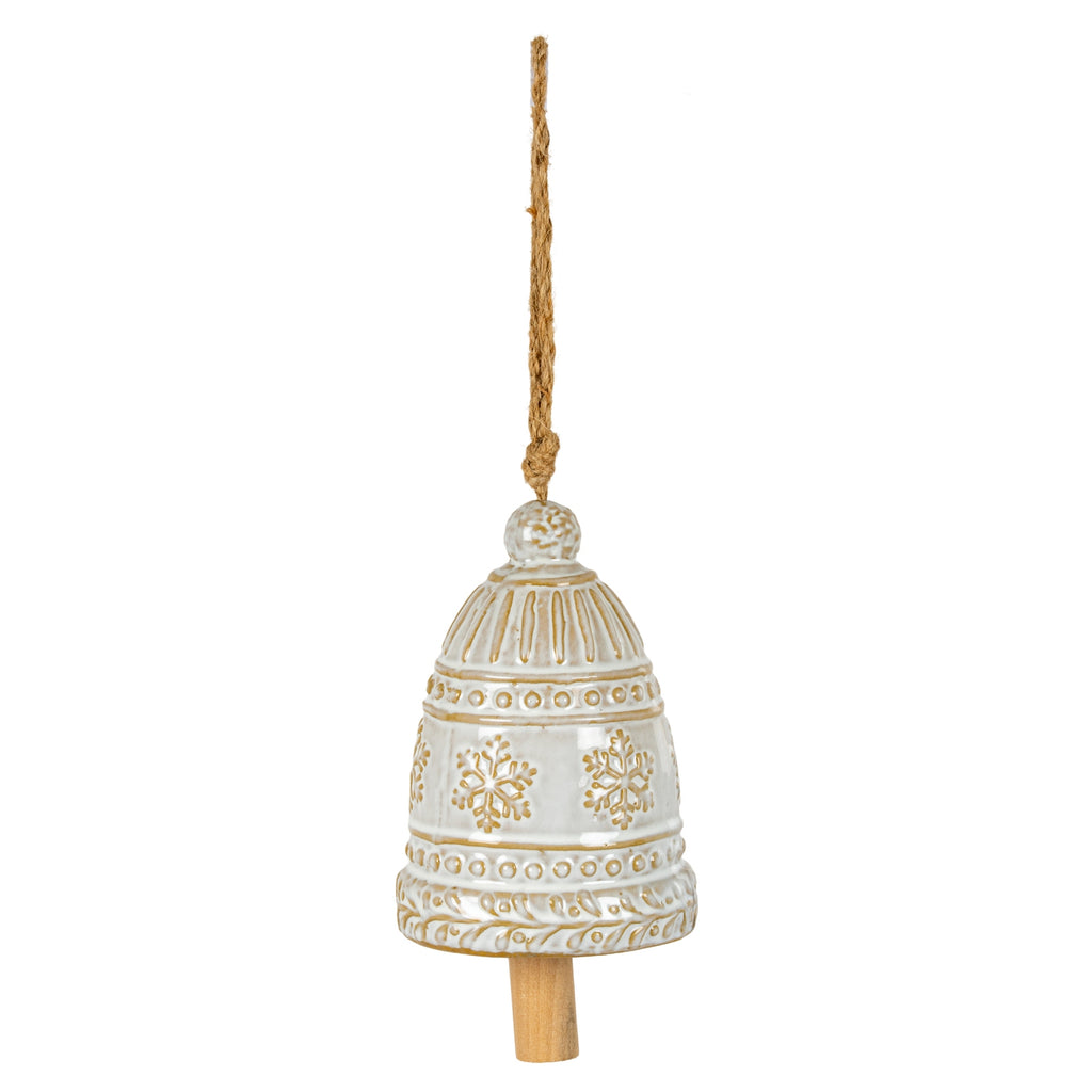 Cream hanging bell with ochre-brown snowflakes, beaded bands and a leafy lower border, shown with a long tan cord and light-brown wood-look clapper.
