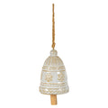 Cream hanging bell with ochre-brown snowflakes, beaded bands and a leafy lower border, shown with a long tan cord and light-brown wood-look clapper.