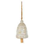 Cream hanging bell with ochre-brown snowflakes, beaded bands and a leafy lower border, shown with a long tan cord and light-brown wood-look clapper.