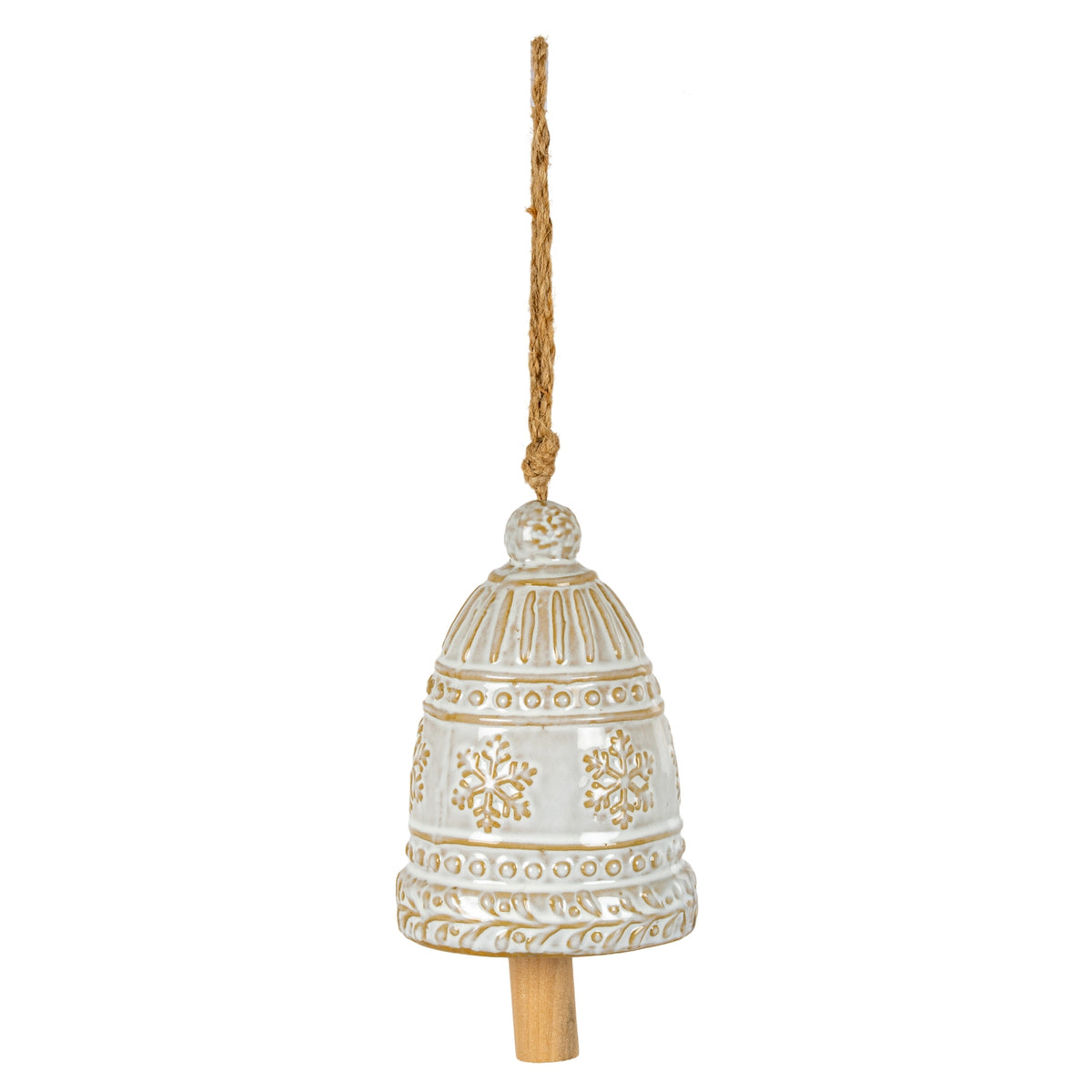 Cream hanging bell with ochre-brown snowflakes, beaded bands and a leafy lower border, shown with a long tan cord and light-brown wood-look clapper.