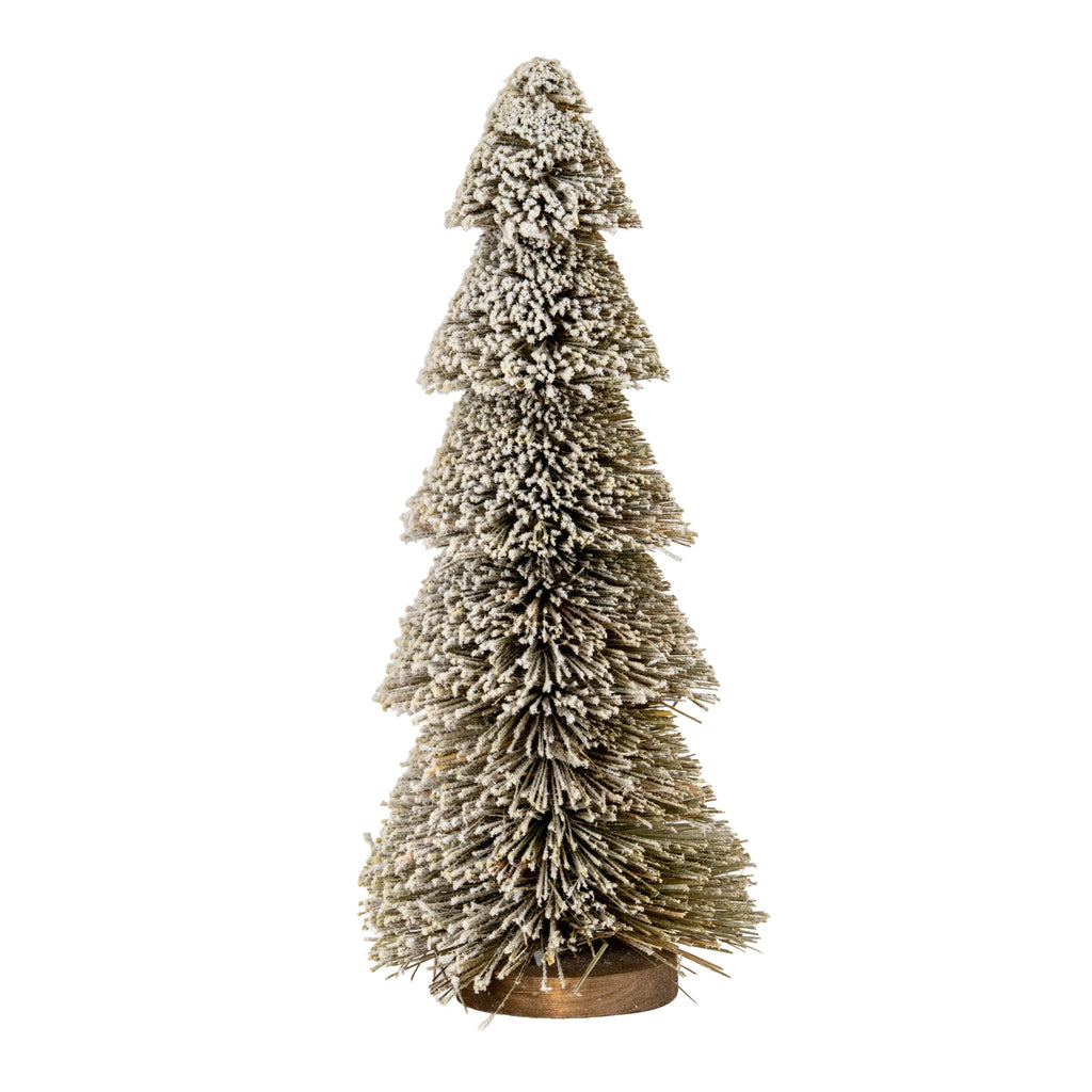Full view of the Snowtier decorative tree, with five graduated snowy bristle tiers and a low round brown base against white.