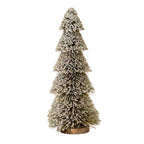 Full view of the Snowtier decorative tree, with five graduated snowy bristle tiers and a low round brown base against white.