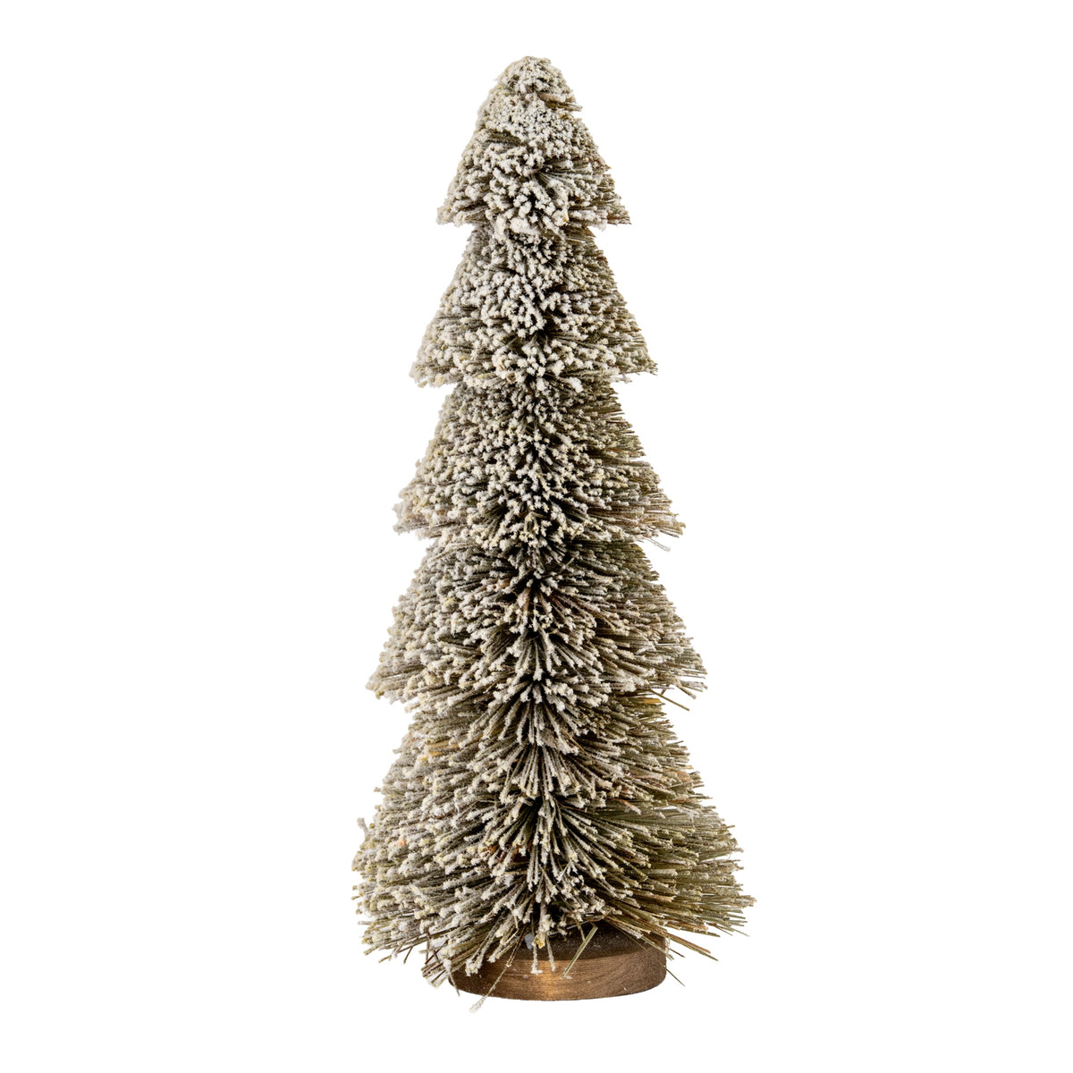 Full view of the Snowtier decorative tree, with five graduated snowy bristle tiers and a low round brown base against white.