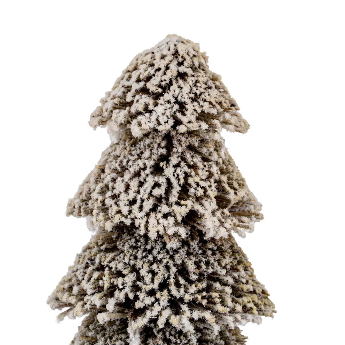 Close-up of the brush tree's pointed top and stepped upper tiers, showing thick off-white flocking over fine brown bristles.