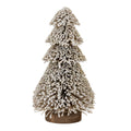 Full view of a four-tier pale brown brush tree covered in off-white snowy flocking, standing on a round brown base.