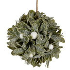 Close-up of overlapping olive-green leaves and round white berries, showing the granular snowy coating, reflective flecks and brown cord at the top.