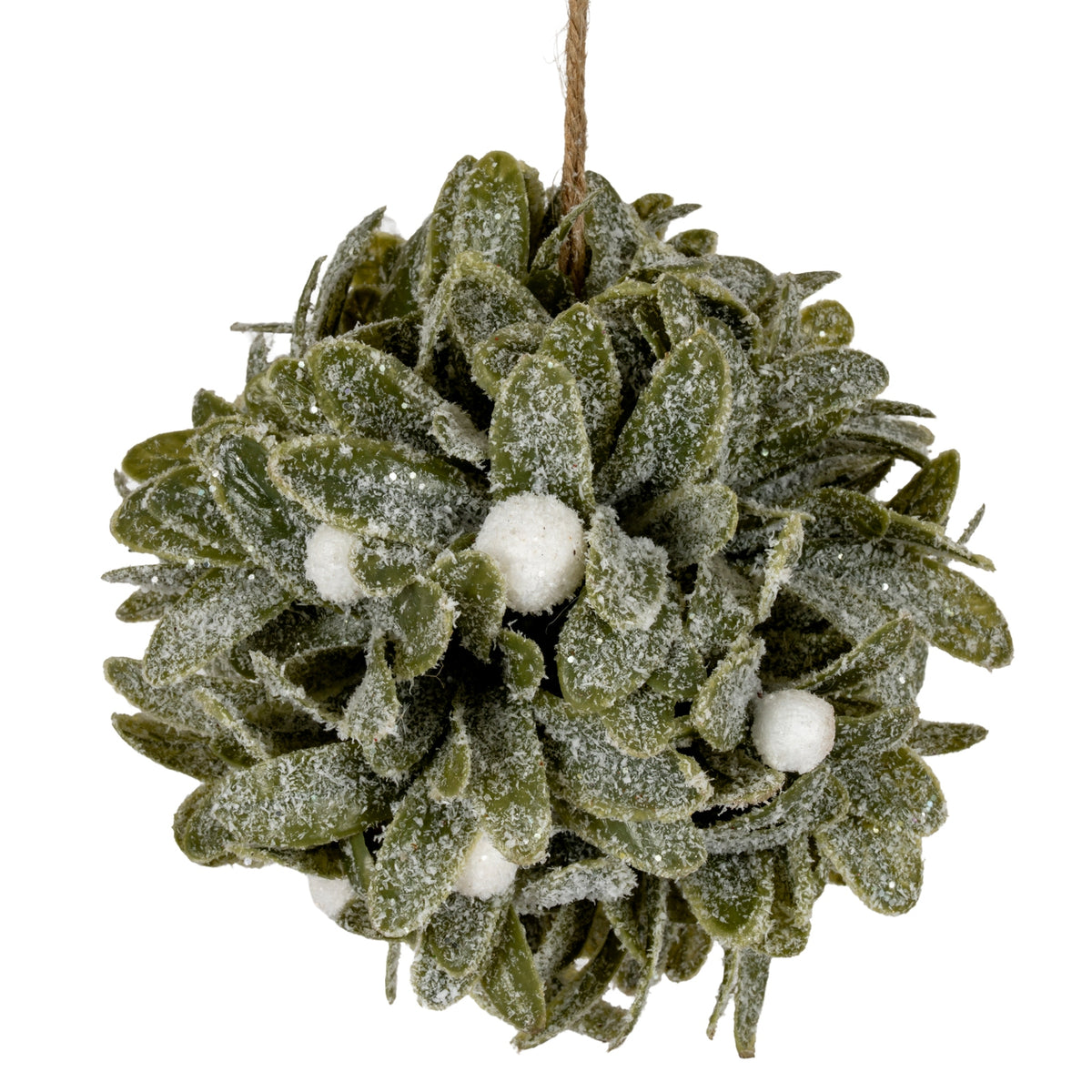 Close-up of overlapping olive-green leaves and round white berries, showing the granular snowy coating, reflective flecks and brown cord at the top.