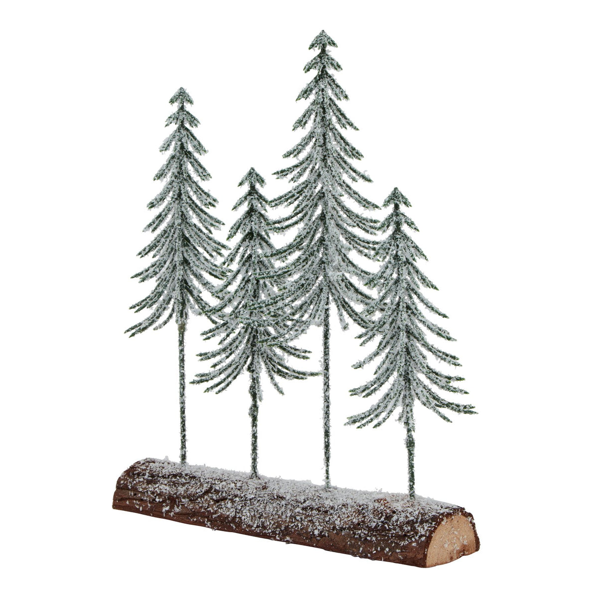 Four green trees of varied heights with snowy white branches standing in a row on a brown half-log base.