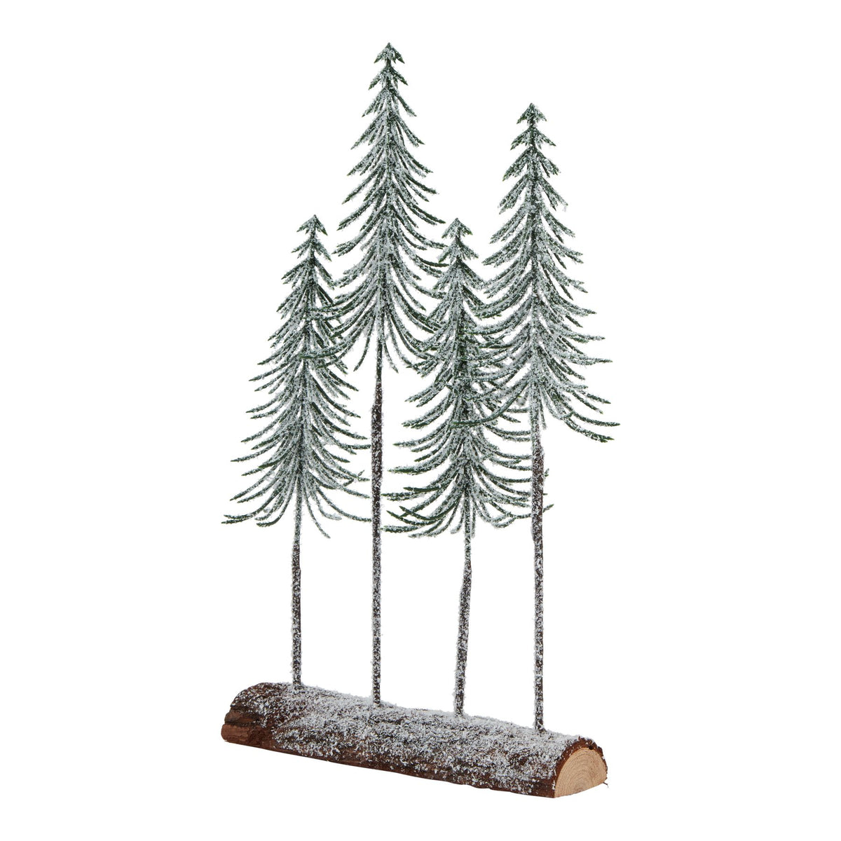 Four slender green trees at varied heights, with snowy white flecks on sweeping branches and a shared brown half-log base.
