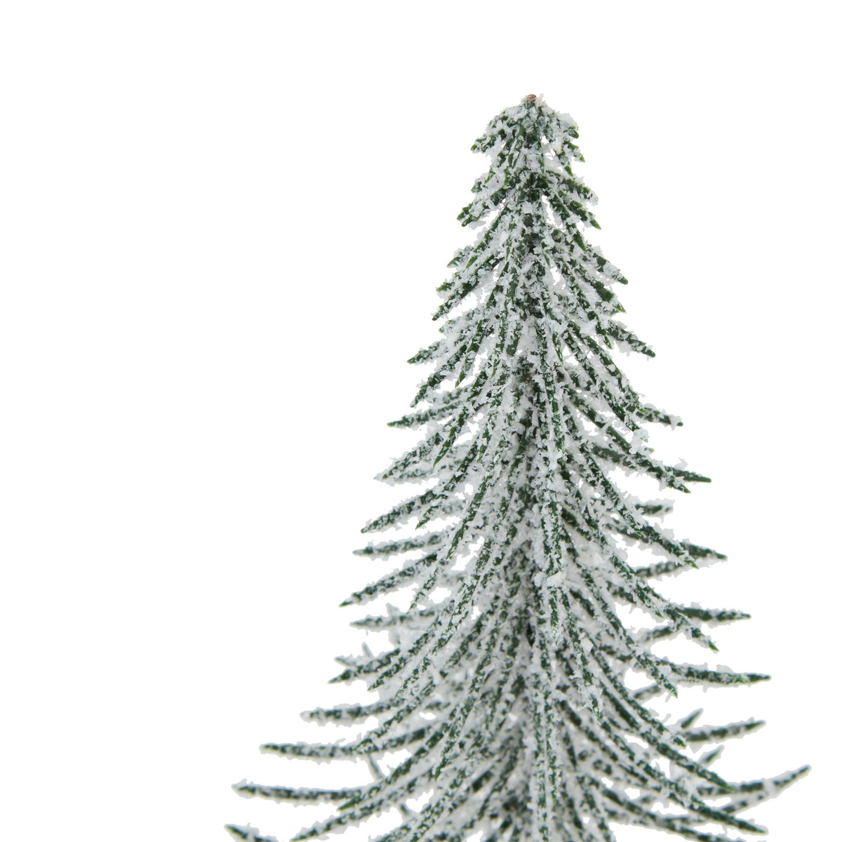 Close-up of the tree's pointed crown and fine green branches covered in textured white snow effect.