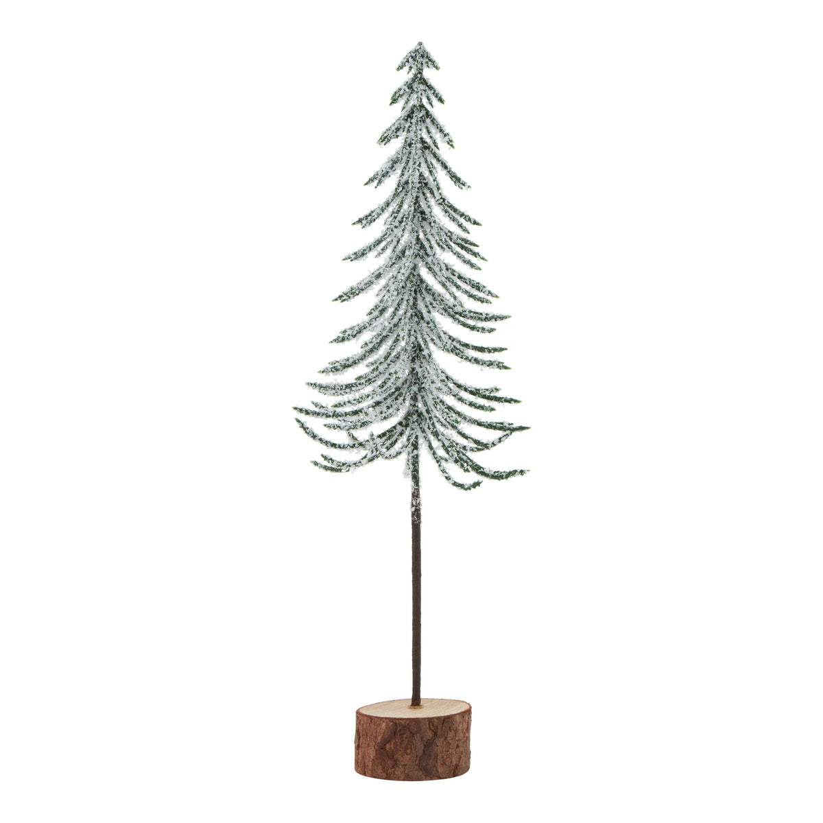 Snowy tree decoration with narrow green branches curving downwards, an exposed dark trunk and a cylindrical bark-textured base.